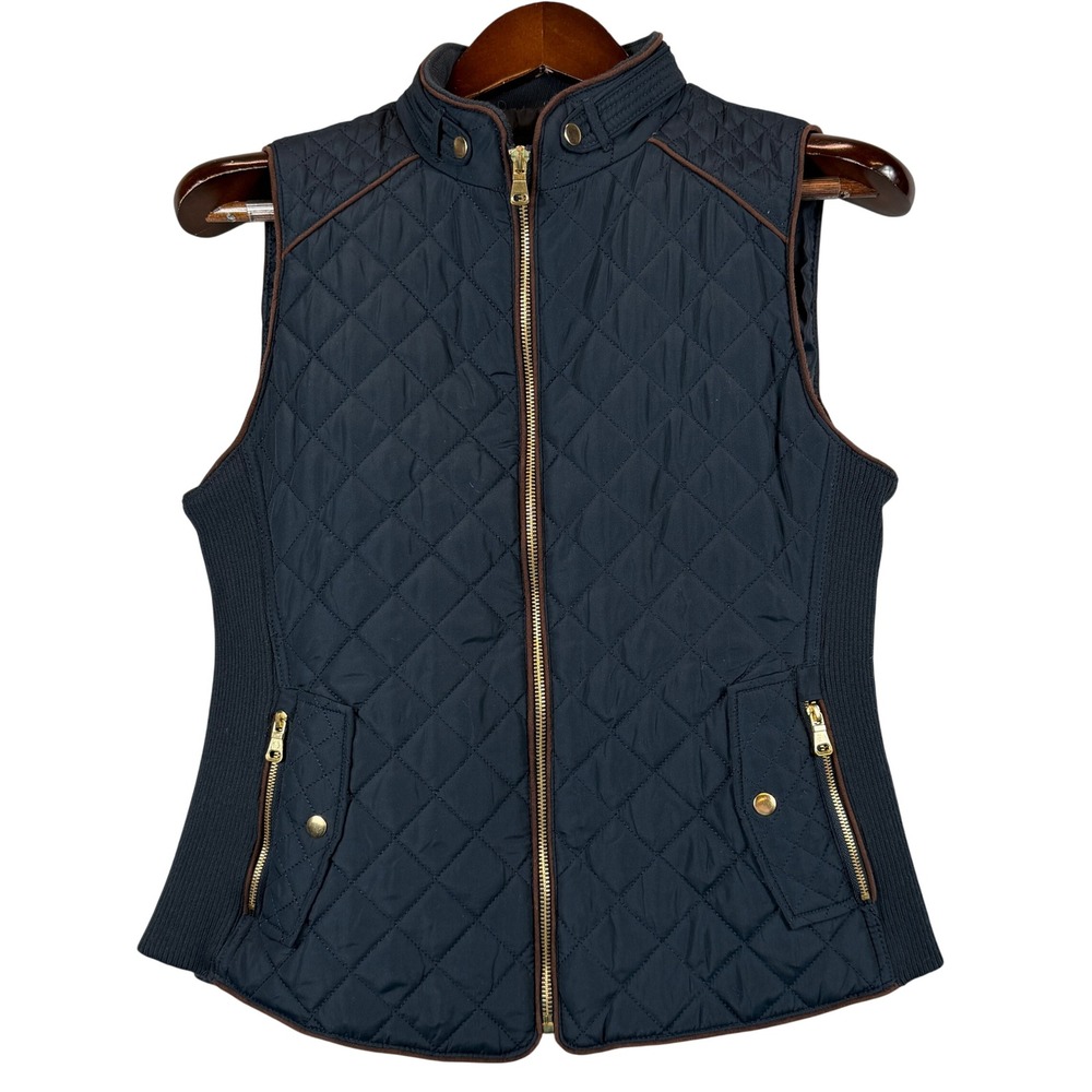 Love Tree Womens M Navy Quilted Vest Brown Trim Gold Zip Equestrian Preppy